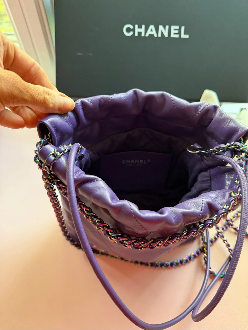 CHANEL Purple Quilted Leather Shoulder/Crossbody Bag with Iridescent Chain